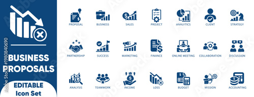 Business proposals icon set. approval, collaboration, contract, deal, discussion, document, funding, leadership, legal, and solid icons.