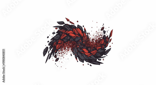 Abstract crimson and dark gray pixelated swirl of shattered particles