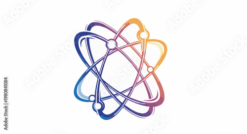 Abstract atomic structure with orbital paths and connected nodes, digital art