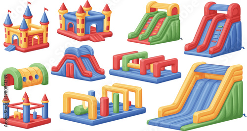Collection of colorful inflatable bouncy castles and slides for kids playground, vector set of jumping castles and water slides isolated on white background.