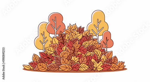 A vibrant pile of fallen autumn leaves rests before stylized trees