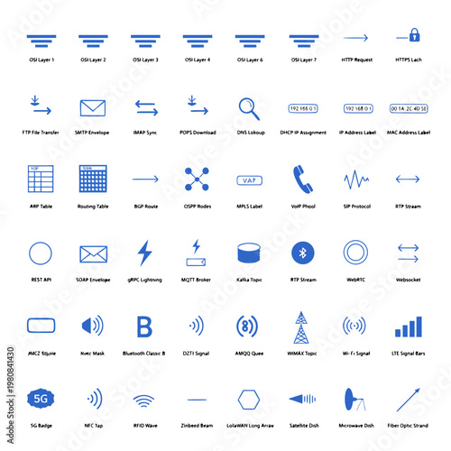 A collection of blue vector icons representing various network and communication concepts