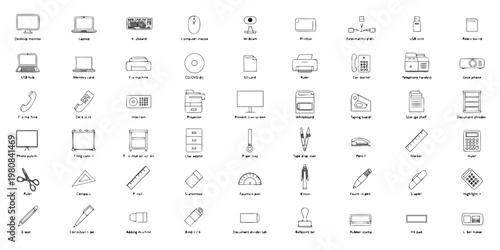 A collection of office supplies and technology icons in a flat, minimalist design style.