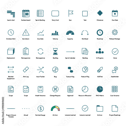A collection of project management icons and symbols in a flat, minimalist design style