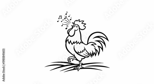 A stylized rooster crows with musical notes flying out of its beak