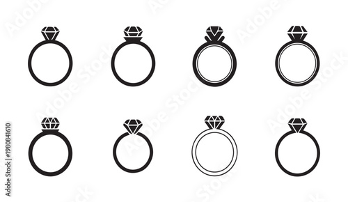 Diamond Engagement Rings Collection Clean Icons Set On White Background