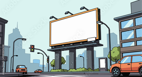 A vibrant urban street scene unfolds with a large, blank billboard