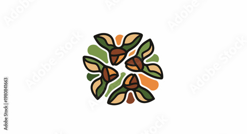 Abstract circular design with four petal-like shapes in brown, green, and orange