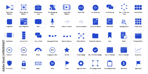 A collection of blue social media icons and symbols for online communication and networking