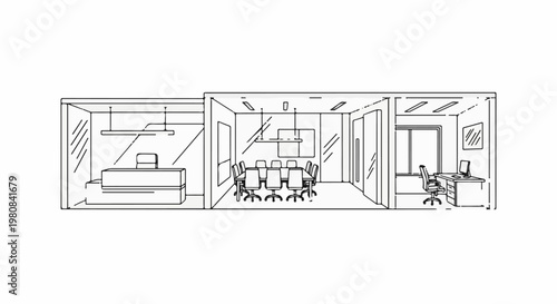 A three-section office interior sketch shows reception, conference, and personal workspace areas