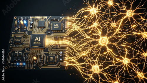AI Circuit Board with Golden Neural Network, Futuristic Hardware and Artificial Intelligence, CPU Chip Connected to Neural Network