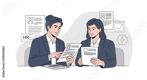HR professional reviewing resumes with candidate during job interview, business meeting concept