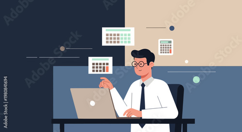 Businessman working on laptop with calendars and calculator, planning and accounting concept