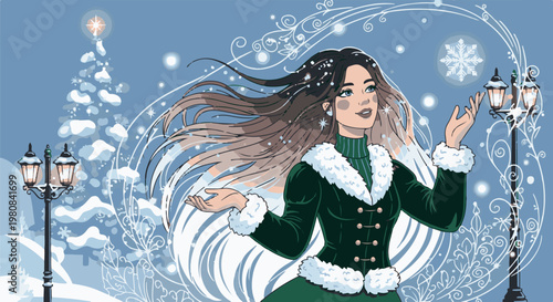 A woman in a warm coat enjoying a snowy winter evening with lamps