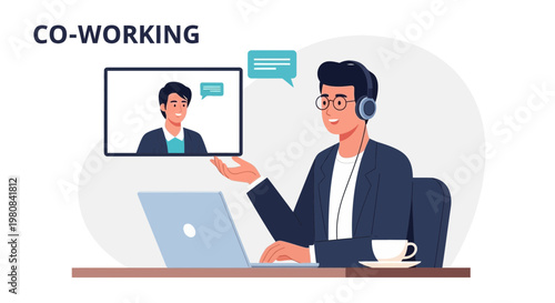 Co-working concept: man in headphones video conferencing on laptop, remote work illustration