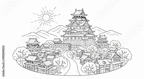 A stylized drawing of a traditional Japanese castle surrounded by a village under a bright sun