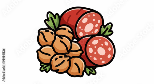 A stylized illustration of sliced sausage and chickpeas with leaves