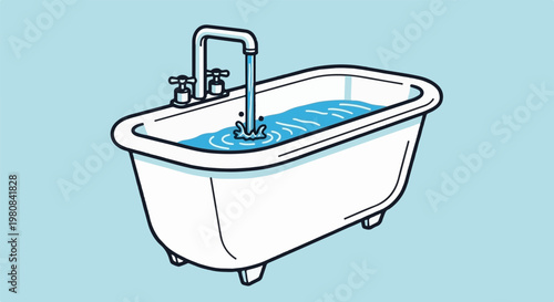 A white bathtub is filling with blue water from a chrome faucet