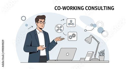 Co-working consulting concept, businessman explaining strategy with icons and laptop