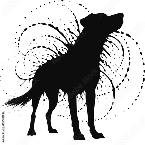 Black dog silhouette, standing dog, abstract background, artistic illustration, animal design element