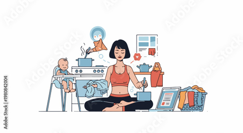 A woman meditates in a kitchen while cooking, caring for a baby and doing laundry