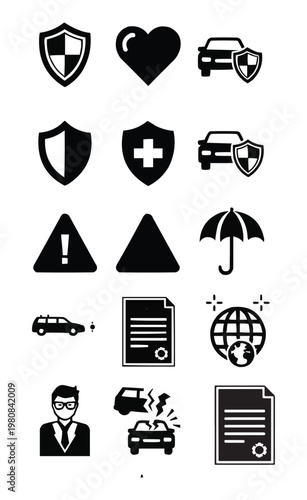 Insurance and Security Services Icon Set: Icons for Car, Health, Life, and Global Protection