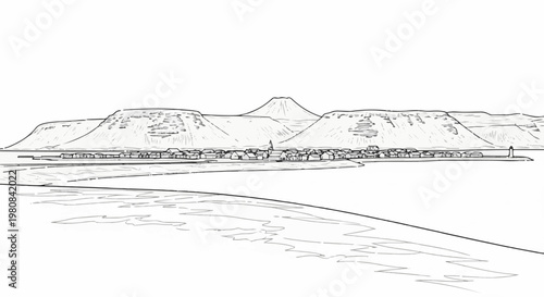 A village nestled by mountains along a wide river in a sketchy outline