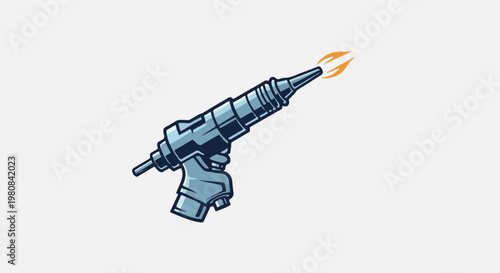 A stylized, futuristic ray gun with a flame bursting from its nozzle