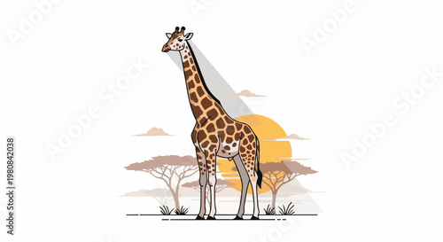 A stylized giraffe stands tall in the savanna under a large sun