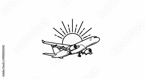 A stylized black and white illustration of a jet airplane ascending with the sun behind it