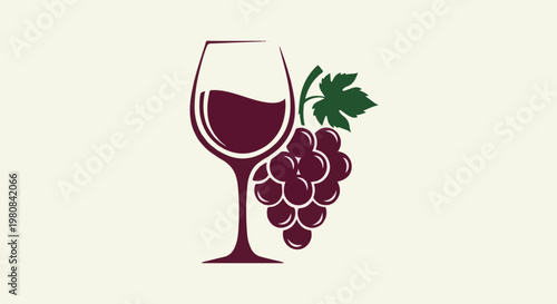 A stylized glass of red wine rests beside a bunch of dark red grapes