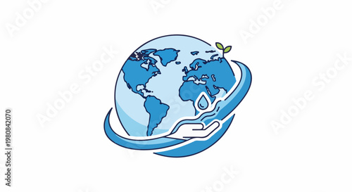 A stylized globe with a water drop and nurturing hands caring for it