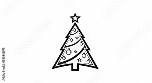 A stylized black and white illustration of a Christmas tree decorated with ornaments