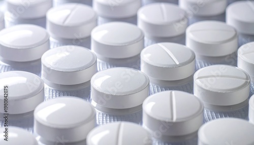 A close-up view of numerous white round pills