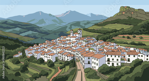 A village with white buildings and terracotta roofs sits nestled in rolling green hills