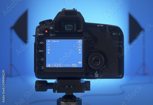 Blank camera screen. Blue studio background. 3D render.