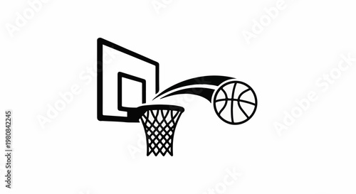 A stylized black and white illustration of a basketball game, showing a ball heading towards a hoop