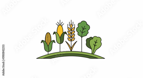 A stylized illustration of various crops, including corn, wheat, and leafy greens