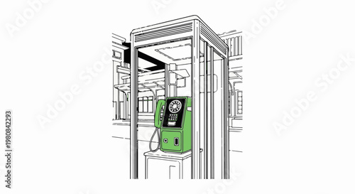 A vintage green payphone sits inside a transparent booth, with buildings in the background