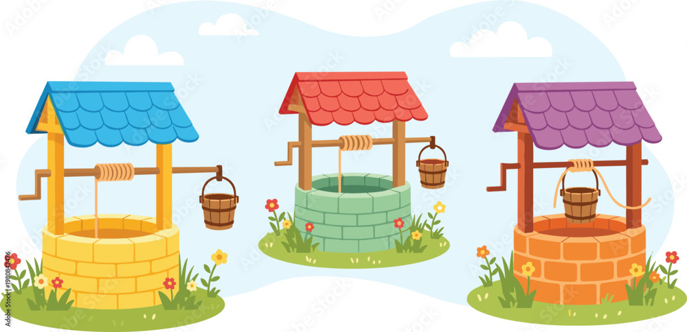 Obraz premium Collection of colorful stone water wells with wooden buckets and roof, cute cartoon style vector illustration set for village farm and fairytale landscape background.