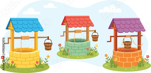 Collection of colorful stone water wells with wooden buckets and roof, cute cartoon style vector illustration set for village farm and fairytale landscape background.