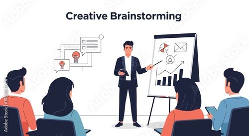 Creative Brainstorming Session: Team Discussing Ideas with Presentation Board