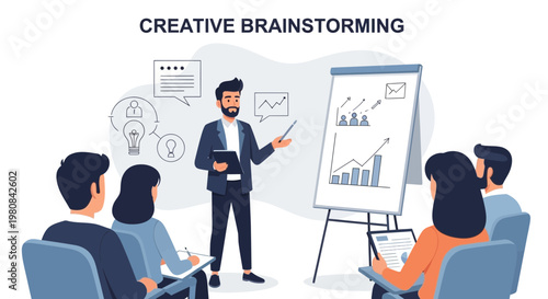 Creative Brainstorming Session: Team Meeting with Presentation and Ideas