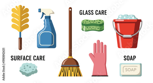 Flat lay of various cleaning supplies and tools on a clean white background with bright colors.