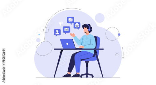 Customer service agent with headset and laptop, communication icons, online support concept