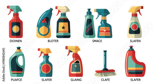 Flat lay of various colorful cleaning supplies and tools on a white background with a clean and organized composition.