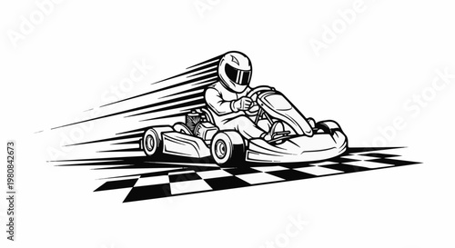 A stylized black and white graphic of a person in a racing suit and helmet driving a go-kart
