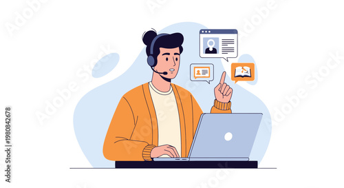 Customer service agent with headset and laptop, online support, virtual assistant, education concept