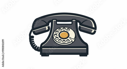 A vintage rotary dial telephone in a dark gray color with cream and yellow accents