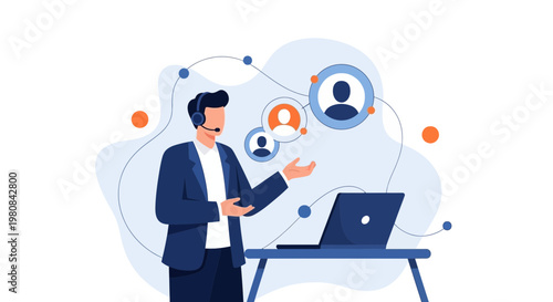 Customer service representative with laptop and network connections, online communication concept